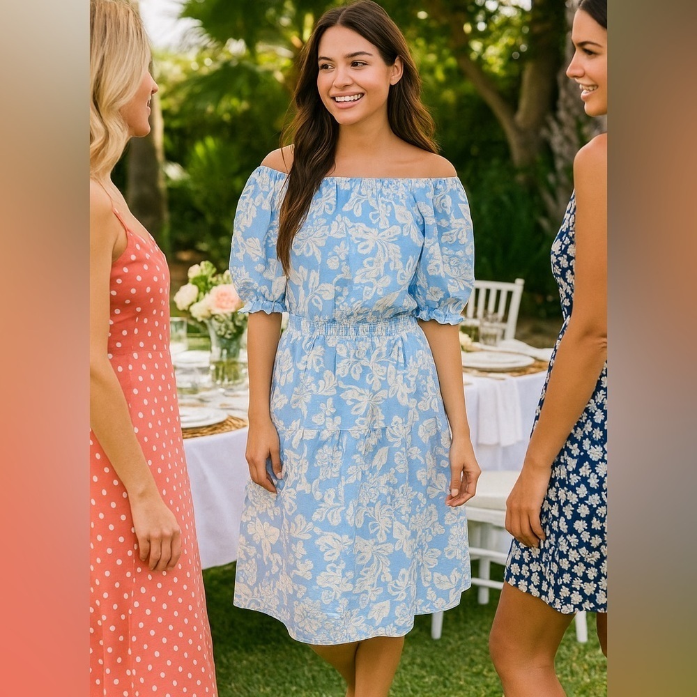 Ann Taylor Off The Shoulder Puff Sleeves Blue & White Floral Summer Dress Size L